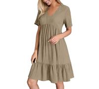 Kleid Damen Festlich, Sommerkleid Damen Kurz V Ausschnitt Kleid Hochzeitsgast Sommer Festliche Kleider Freizeit Strandkleid Elegante Wickelkleid Knielang Sommerkleider Leicht Und Luftig, Khaki, S