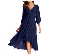 Kleid Damen Hochzeitsgast Lang Chiffon Abendkleider Elegant Für Hochzeit Cocktailkleid Elegant Midi Plissee Festliche Kleider A Linie 3/4 Ärmel Chiffonkleid Festlich V Ausschnitt Ballkleid Lang