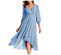 Kleid Damen Hochzeitsgast Lang Chiffon Abendkleider Elegant Für Hochzeit Cocktailkleid Elegant Midi Plissee Festliche Kleider A Linie 3/4 Ärmel Chiffonkleid Festlich V Ausschnitt Ballkleid Lang