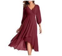 Kleid Damen Hochzeitsgast Lang Chiffon Abendkleider Elegant Für Hochzeit Cocktailkleid Elegant Midi Plissee Festliche Kleider A Linie 3/4 Ärmel Chiffonkleid Festlich V Ausschnitt Ballkleid Lang