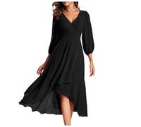 Kleid Damen Hochzeitsgast Lang Chiffon Abendkleider Elegant Für Hochzeit Cocktailkleid Elegant Midi Plissee Festliche Kleider A Linie 3/4 Ärmel Chiffonkleid Festlich V Ausschnitt Ballkleid Lang