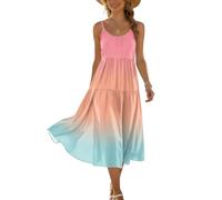 Kleid Damen Kleider Damen Elegant Rundhals Freizeitkleid Midi Lang Locker Ärmelloses Sommerkleider Casual Urlaub M C Orange