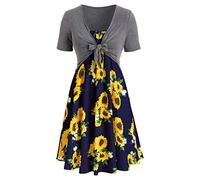 Kleid Damen Kolylong Frauen Elegant Sonnenblume Drucken Kurzarm Kleid Knielang Vintage Kleid Anzug Vintage Bandage Swing Kleider Boho Strandkleid Cocktails Party Abendkleid