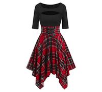 Kleid Damen Korsett Kariert Patchwork Steampunk Sommerkleid Kurz mit Schnürung Rockabilly Kleider Sommer Elegant A Linie Schwingen Minikleid Frauen Kurzarm Cut Out Sommerkleider Leicht Luftig
