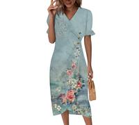 Kleid Damen Kurz Ärmel Sommerkleid Leicht Freizeitkleider Elegante A-Linien Boho Kleid V-Ausschnitt Strandkleid Lässig Urlaubskleid Blumen Hawaiikleid Midikleid Dress Abendkleid Blau(#C Mint Green,L)