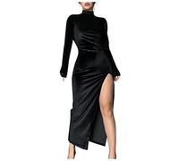 Kleid Damen kurz Elegante Kleider Damen Samt Split Rollkragen Midi Kleid Vintage Slim Fit Langarm Kleid Winter Party Einfarbig Samtkleid (Schwarz ， XXL)