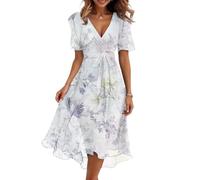 Kleid Damen Lang, Frühlingskleid Damen Boho Kleid Elegant Blumenmuster V-Ausschnitt Kurzarm Midikleid Casual Swing Strandkleid Sommer A Linie Freizeitkleid High Waist Bequeme Blumenkleid Leicht