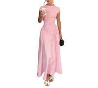 Kleid Damen Lang Gepunktetes Elegant Sommerkleid Mit Ärmel Italienische Mode Kleider Sommer A-Linie Tailliert Punkte Schicke Maxikleider Frauen Leicht Maxi Festlich Damenkleider Stehkragen