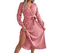 Kleid Damen Lang Punkte Plisseekleid V Ausschnitt Maxikleid Elegant Langarm A Linie Kleider Mit Gürtel Herbstkleid Gepunktet Wickelkleid Lässig Faltenkleid Puffärmel Frühlingskleid Winter