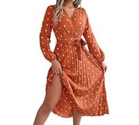 Kleid Damen Lang Punkte Plisseekleid V Ausschnitt Maxikleid Elegant Langarm A Linie Kleider Mit Gürtel Herbstkleid Gepunktet Wickelkleid Lässig Faltenkleid Puffärmel Frühlingskleid Winter