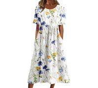 Kleid Damen Lang,S157 Leinenkleid Damen Sommer V-Ausschnitt Kurzarm Sommerkleid Damen Knielang Leinenkleider Baumwolle Blusenkleid Casual Drucken Freizeitkleid Strandkleider Boho Kleid A-Linie Kleid
