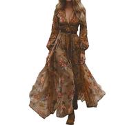 Kleid Damen Lang Sommerkleid mit Blumenmuster Sommer Casual Urlaub Boho Kleid A-Linie Freizeitkleid Langarm Schöne Vintage Rustikaler V-Ausschnitt Kleid Maxikleid Blumenkleid Hochzeit Western Country