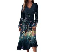 Kleid Damen Langärmelig Lang Sommerkleid Leicht Luftig Freizeitkleider Elegante A Linie Boho Kleid V-Ausschnitt Strandkleid Lässig Blumen Hawaiian Maxikleider Kleid Knielang Elegant(#A Navy,XXL)