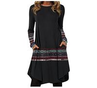 Kleid Damen, Langarm Rundhals Blusenkleid Plissee Loose Swing Freizeitkleid mit knielangen Taschen Colorblock Boho Kleider Elegant Swing A-Linie Partykleid Winterkleid T-Shirt Kleid
