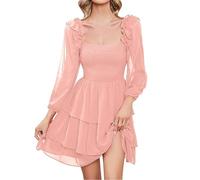 Kleid Damen Lila Rosa Chiffon Kleider Fasching Karneval Solide Viereckiger Ausschnitt Chiffonkleid Festival Langarm Cake Kleid Faschingskostüme Geschenk Rüschenkleid Partykleider Cocktailkleid Xxl 3xl