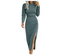 Kleid Damen Samt Damen Kleid Party Kleid Damen&I3 Split Rundhals Langarm Midi Ballkleid Slim Fit Etuikleid Party Einfarbig Wickelkleid MinzgrüN L