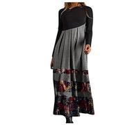 Kleid Damen Samt Damen Kleid Party Kleid Damen&I3 Vintage Patchwork V-Ausschnitt Maxi Kleid Langarm Casual Kleid Elegant Winter Cocktailkleid Gray M