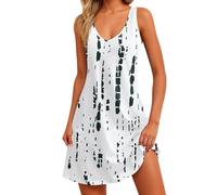 Kleid Damen Sleeveless Kurz Sommerkleid Leicht und Luftig Freizeitkleider Elegante A-Linie Boho Kleid Strandkleid Casual Urlaubskleid Hawaiikleidung Hohe Taille Dress Kleid Dunkelgrün(#D White,M)