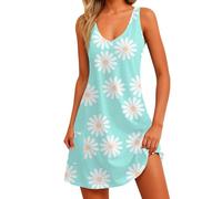 Kleid Damen Sleeveless Kurz Sommerkleid Leicht und Luftig Freizeitkleider Elegante A-Linie Boho Kleid Strandkleid Casual Urlaubskleid Hawaiikleidung Hohe Taille Dress Ballkleid Grün(#B Sky Blue,S)