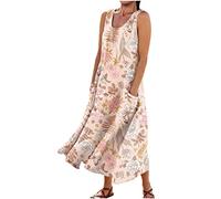 Kleid Damen Sleeveless Lang Sommerkleid Leicht und Luftig Freizeitkleider Elegante A-Linie Boho Kleid Strandkleid Casual Urlaubskleid Blumen Hawaiikleid Maxikleider Dress Kleid Frühling(#G Pink,L)