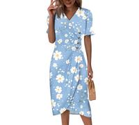Kleid Damen Sommer Lang,A-Linien-Midikleid Ärmelloses Ballkleider Lang V-Ausschnitt Kurzarm Sommerkleid Strandkleid Blumendruck Curvy Midikleid Sommerkleider Knopf Classic Partykleid(3-Hellgrau,XXL)
