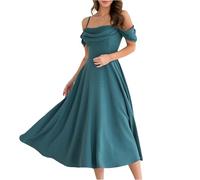 Kleid Damen Sommer Lang Abendkleider A Linie Kleid Hochzeitsgast Kleider Elegant Abschlusskleid Midi Partykleid Schwingen Sommerkleid Frauen Spaghettiträger Cold Shoulder Sommerkleider Leicht