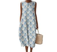 Kleid Damen Sommer Lang Ärmellos Geblümtes Sommerkleid Damen Midi A Linie Boho Kleider Sommer Elegant Blumen Strandkleid Leicht und Luftig Sommerkleider Midikleid Frauen Locker Rundhals Casual