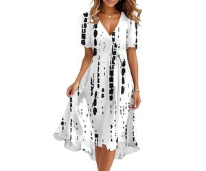 Kleid Damen Sommer Lang Elegant Sommerkleid Damen A Linie Rüschen Kleider V Ausschnitt Midikleid Mit Gürtel Sommerkleider Frauen Leicht Und Luftig Damenkleider Schwingen Midikleider Elegante