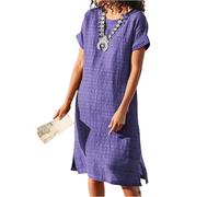 Kleid Damen Sommer Lang Kurzarm Blusenkleid Midi Plissee Sommerkleid Leicht A Linie Elegant Kleider Damen Sommer mit Schlitz Leichte Sommerkleider Luftig Strandkleid Locker Rundhals Shirtkleid