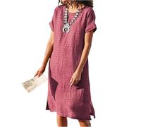 Kleid Damen Sommer Lang Kurzarm Blusenkleid Midi Plissee Sommerkleid Leicht A Linie Elegant Kleider Damen Sommer mit Schlitz Leichte Sommerkleider Luftig Strandkleid Locker Rundhals Shirtkleid