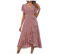 Kleid Damen Sommer Lang, Sommerkleid Damen Lang Boho Kleid Sommerkleider Blumenkleid V-Ausschnitt Strandkleid Boho Maxikleid Mit Gürtel Maxikleider Blumendruck Wickelkleid Tunikakleid Roter XL