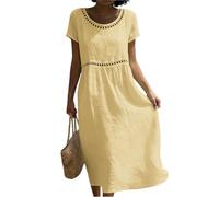 Kleid Damen Sommer Lang, Sommerkleid Kurzarm V-Ausschnitt Boho Kleidung Einfarbige Freizeitkleider Loose Hallow Out Leichtes Midikleid Sommerkleider Casual (2-Gelb, XXL)