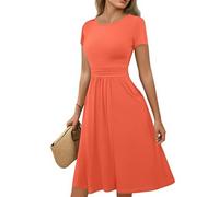Kleid Damen Sommer Midi A Linie Sommerkleid Damen Elegant Kurzarm Midikleid Einfarbig Tailliert Kleider Mit Taschen Plissee Schwingen Sommerkleider Frauen Leicht Luftig Strandkleid Rundhals