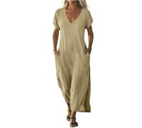 Kleid Damen,Sommerkleid Leinenkleid Damen Sommer Kleider Kurzarm Strandkleid Maxikleid Einfarbige V Ausschnitt Midikleid Sommerkleider Loose Fit Luftig Wickelkleid Freizeitkleid Mit Tasche(2-Kamel,M)
