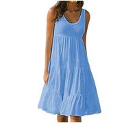 Kleid Damen Sommerkleider Ärmelloses Plissiertes Minikleid Knielang Strand Hängerkleid Trägerkleid Casual Lose Shirtkleid Tunikakleid Swing Mini Kleider (Blue, XL)