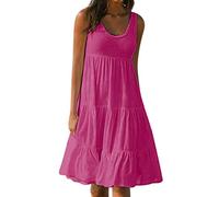 Kleid Damen Sommerkleider Ärmelloses Plissiertes Minikleid Knielang Strand Hängerkleid Trägerkleid Casual Lose Shirtkleid Tunikakleid Swing Mini Kleider (Hot Pink, L)