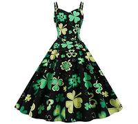 Kleid Damen St. Patrick's Day Kleider Grün Sexy Elegant, Frauen Schulterfrei Rückenfrei Ärmelloses Vierblättriges Kleeblatt Drucket Swing Cocktailclub Party Prom Abendkleid Womens Halfter Dress S-3XL