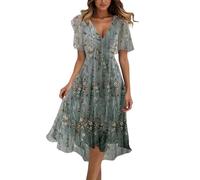 Kleid Elegant Damen Festlich, Abendkleider Damen Lang Elegant Chiffon Cocktailkleid Summer Kleid Knielang Tunika BindegüRtel Hohe Taille Kleider Dress for Women Freizeitkleid Sommerkleid, M