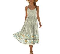 Kleid Elegant Damen Festlich Boho Sommerkleid Damen Midikleid mit Spaghettiträgern Blumenmuster Rundhalsausschnitt Gestuft Leicht Luftig für Festival L C Yellow