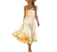 Kleid Elegant Damen Festlich Sommerkleid Damen Midikleid mit Spaghettiträgern Leopardenmuster Rundhalsausschnitt Gestuft Leicht Luftig Strandkleid für Strand XL C Yellow