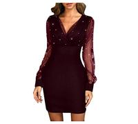 Kleid Festlich Damen Winterkleider Glitzer Elegant Tüll Perle/Pailletten Einfarbig V-Ausschnitt Abendkleid Herbst Winter Kurz Partykleid Schöne Slim