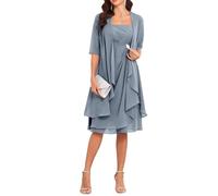 Kleid für die Brautmutter mit Jacke, 2-teilig, halblange Ärmel, knielang, Chiffon, Kleid für Bräutigam, dusty blue, 58 Plus