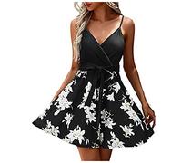 Kleid für Frauen Lässige Tunika mit V-Ausschnitt Sling Damenkleider mit Blumenmuster, Schnürrock, Plissee, Strand-Tankkleider