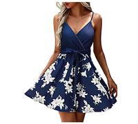 Kleid für Frauen Lässige Tunika mit V-Ausschnitt Sling Damenkleider mit Blumenmuster, Schnürrock, Plissee, Strand-Tankkleider