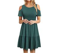 Kleid für Frauen mit Rundhalsausschnitt, schulterfrei, Kurzarmrock, einfarbig, Knielang, Damenkleider, A-Linie, Swing-Kleider