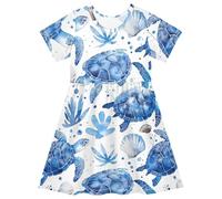 Kleid für Mädchen, Aquarellfarben, blaue Schildkröten, Muscheln, kurze Ärmel, lässiges Sommerkleid, A-Linie, Kinderkleid, Aquarell-blaue Schildkröten-Muscheln 2, 7-8 Jahre