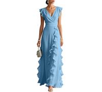 Kleid Hochzeitsgast Abendkleider Damen Lang Schick Sommer Cocktailkleid Rückenfrei Wickelkleid Flatterärmel Tailliert Party L Sky Blue