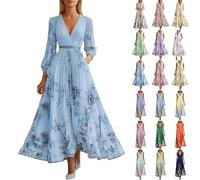 Kleid Hochzeitsgast Damen, Abendkleider Sommerkleid Lang Curvy Elegant Für Hochzeit Gast Festliche Kleider A Linie Ballkleid V Ausschnitt Tailliert Partykleid Blumen Spitze Swing Cocktailkleid Lässig