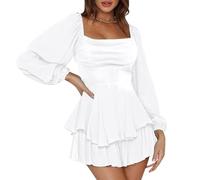 Kleid Hochzeitsgast Damen, Chiffonkleid Damen Rückenfreies Einfarbig mit Quadratischem Ausschnitt Sommerkleid Freizeitkleid Langarm A-Linien Prinzessin Kleid Knielang Abendkleider