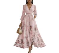 Kleid Hochzeitsgast Damen Curvy Lang Abendkleider Elegant Für Hochzeit Gast Chiffon Festliche Kleider Damen Sommer A Linie Ballkleid V Ausschnitt Tailliert Partykleid Blumen Maxikleider
